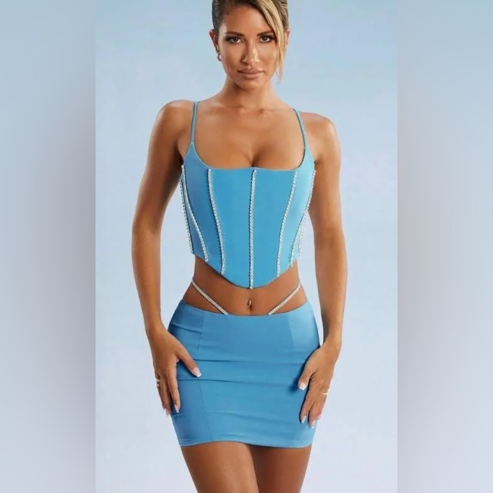 Oh Polly Blue Strappy Corset Top and Skirt Set